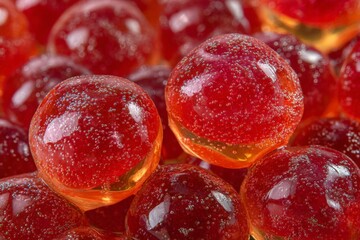 Red spheres glisten under soft light displaying intricate textures and bubbles in a vibrant arrangement