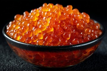 Bright orange fish roe served in a black bowl on a dark surface with a focus on freshness and texture