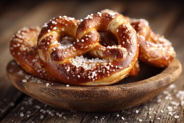 Fototapeta premium Freshly baked soft pretzels served in a wooden bowl on a rustic wooden table with a sprinkle of coarse salt