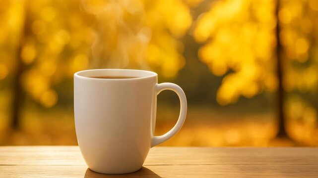 Hot coffee in white mug on wooden table with autumn foliage background. Concept of seasonal drink, cozy atmosphere, and International Coffee Day