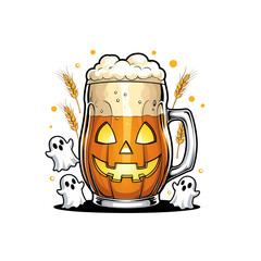 A spooky Halloween brew a pumpkin faced beer mug with frothy head and on transparent background