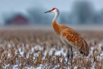 Sandhill crane stands gracefully in a snowy field during winter while snowflakes gently fall in the background