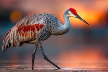 Sandhill crane walking gracefully along the water's edge during sunset in a serene landscape