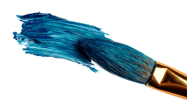 Brush applying vibrant blue paint with transparent background