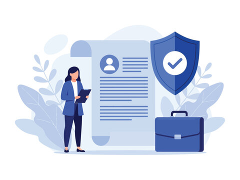A businesswoman reviews a personal data policy or insurance contract with a security shield and briefcase.