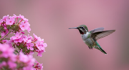 Hummingbird feeding on vibrant pink blossoms, capturing delicate motion and natural beauty in a serene floral environment
