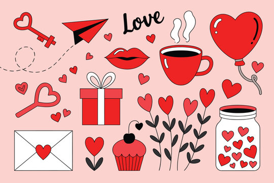 Valentines Day Themed Doodles with Hearts Cupcake Coffee Gift and Love Message on a Pink Background