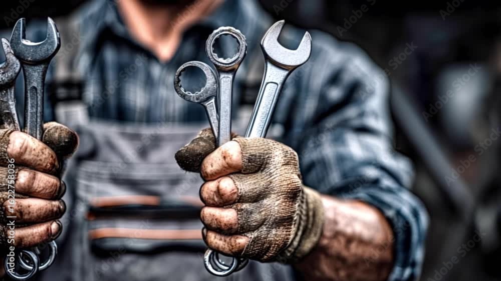 Poster skilled mechanic displaying dirty wrenches in workshop close up