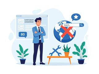 A businessman analyzes a website's search engine penalty, shown by a crossed-out search bar on a globe.