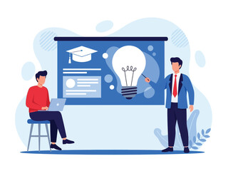 An educator presents an innovative idea on a screen to a student using a laptop.