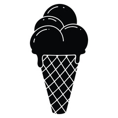 Delicious Ice Cream Cone with Three Scoops Black Silhouette Summer Dessert Treat Sweet Delightful Food Illustration