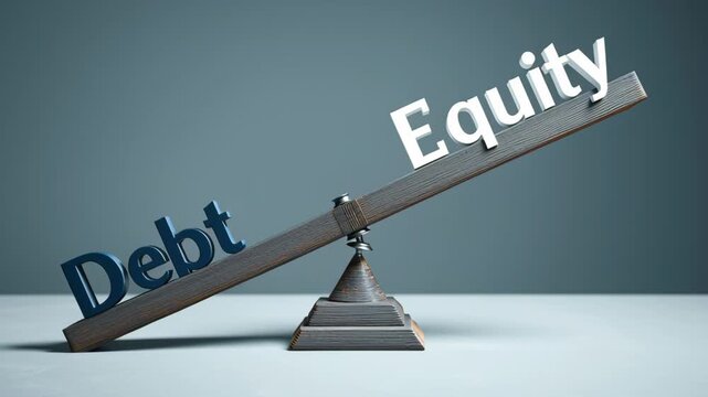 Leveraged buyout is visually represented by a balance scale tilting toward debt, illustrating how borrowed capital dominates equity to enable strategic acquisition with minimal investment.