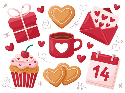 Valentines Day Sweet Treats and Gifts Celebration Illustration with Cupcake Cookies Coffee and Calendar Ready for Romance