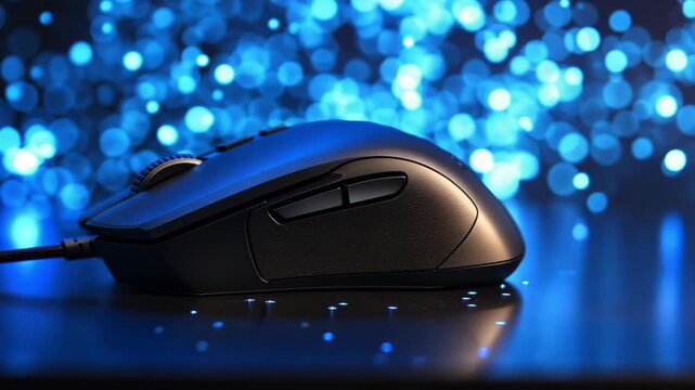 A black gaming mouse is placed on a sleek surface with blue bokeh lights creating a glowing background