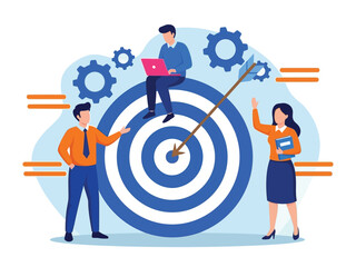 A business team collaborates around a large target with an arrow in the bullseye, symbolizing goal achievement and success.