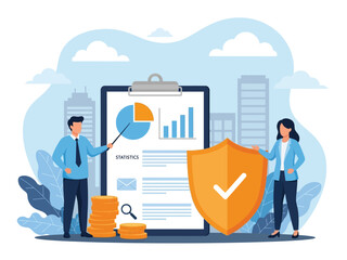Business professionals stand with a clipboard of financial charts and a large security shield.