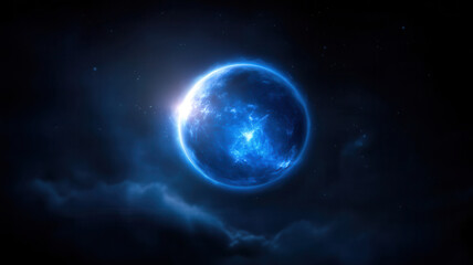 Blue glowing planet with bright light and cosmic clouds in dark space, evoking mysterious and serene outer space atmosphere