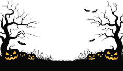Halloween Silhouette Border Vector with Glowing Jack-o-Lantern Pumpkins, Spooky Trees, Flying Bats and Blank Space for Text