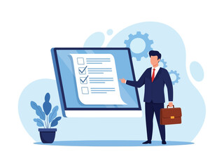 A businessman in a suit points to a digital checklist on a computer monitor, signifying task completion or an online survey.