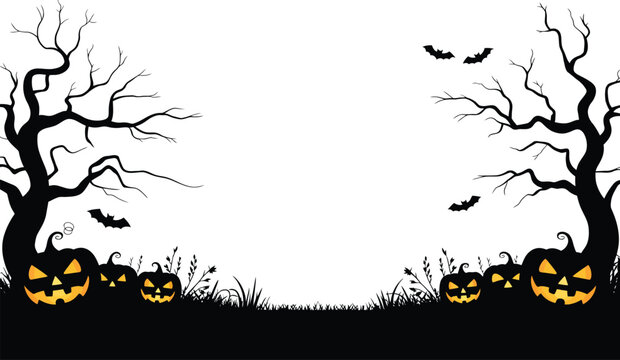 Halloween Silhouette Border Vector with Glowing Jack-o-Lantern Pumpkins, Spooky Trees, Flying Bats and Blank Space for Text