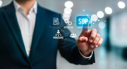 Businessman touching a digital screen displaying sop and icons representing standard operating procedure, business process, and workflow management for efficiency and compliance