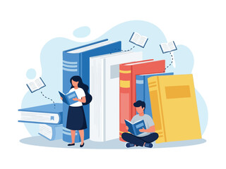A young man and woman read books while surrounded by giant stacks of literature, representing learning and education.