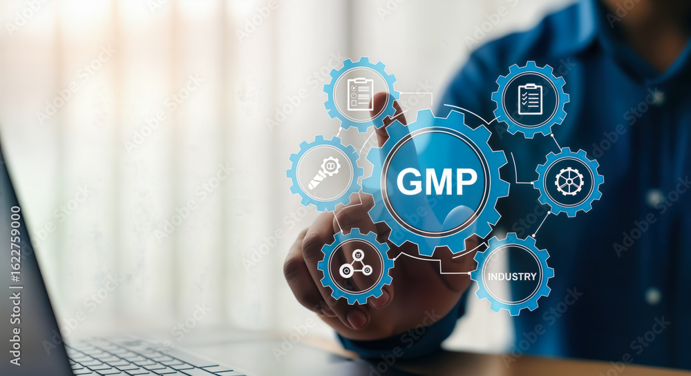 Poster a persons finger touches a digital interface displaying the gmp acronym surrounded by interconnected