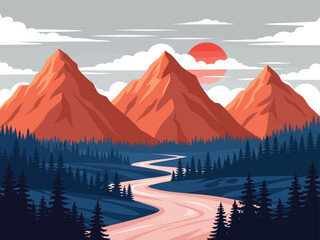 A stylized landscape illustration of a winding river flowing through a pine forest towards red mountains at sunset.