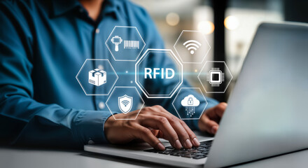 Person using a laptop with rfid technology icons and symbols overlaid, representing wireless identification, tracking, and data management in modern business operations