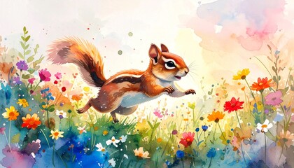 Watercolor Chipmunk Running in Meadow
