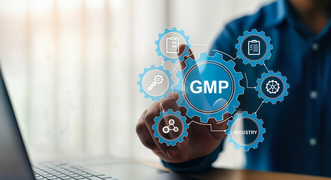 A persons finger touches a digital interface displaying the gmp acronym surrounded by interconnected gears, symbolizing good manufacturing practices and quality control in various industries