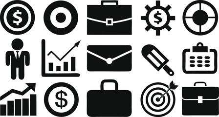 Fototapeta premium Black Silhouette Icons for Business and Finance with Briefcases, Money, and Targets vector illustration