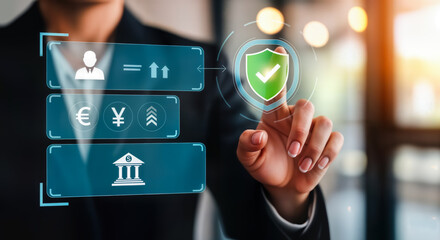 A persons finger touches a glowing green shield icon with a checkmark, symbolizing financial security and protection in a digital banking and payment system