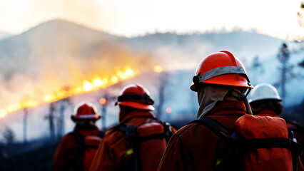 Firefighters in protective gear observe a distant wildfire raging across a forested mountainside with smoke plumes rising