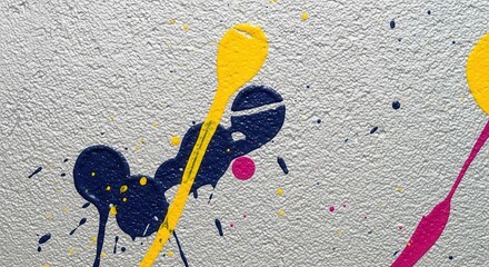 Colorful paint splatter art on textured metallic silver background detail