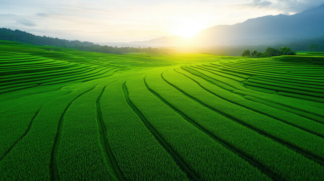 Lush green rice terraces stretch across rolling hills under bright sunrise, creating peaceful and vibrant agricultural landscape
