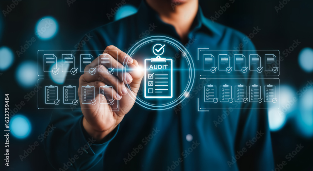 Poster a person interacting with a digital interface displaying an audit checklist and various compliance d