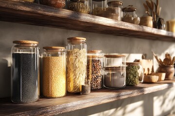 Fototapeta premium Cozy kitchen pantry storage featuring various grains and spices in elegant glass jars on rustic wooden shelves bathed in warm sunlight creating a welcoming atmosphere