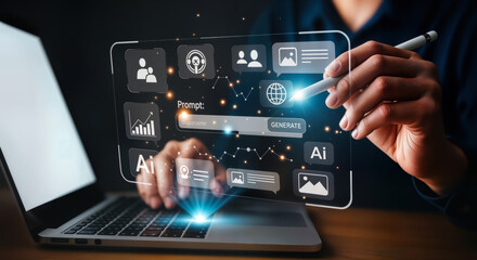 Person interacting with a futuristic holographic interface displaying ai and data analytics icons, showcasing the integration of artificial intelligence in modern technology and business processes
