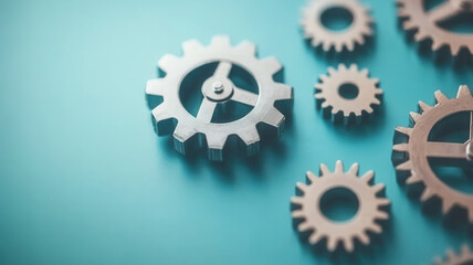 Minimal mechanical gear wheels rotating in synchronization on smooth blue surface, showing industrial design and engineering precision