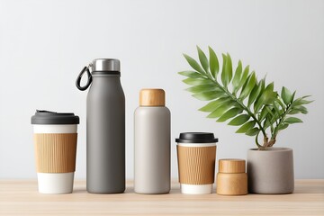 Stylish reusable water bottles and coffee cups for eco-friendly living on wooden surface with plant