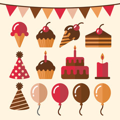 Colorful Birthday Party Elements Featuring Cakes Cupcakes Balloons and Party Hats for Festive Celebrations and Joyful Occasions