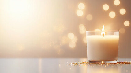 Burning candle in glass container with warm glowing light and golden glitter on surface creating cozy atmosphere