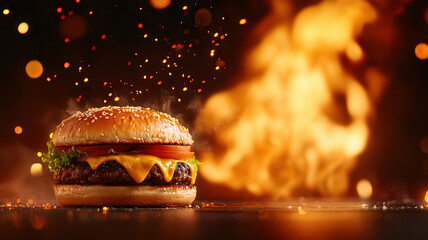 Melting cheese dripping from juicy burger with fresh lettuce and tomato as fire bursts in background creating warm, intense atmosphere
