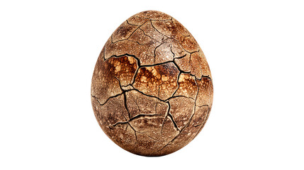 Cracked brown egg with a textured surface and transparent background