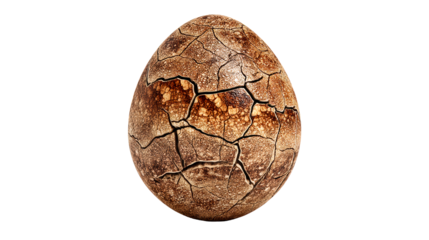 Cracked brown egg with a textured surface and transparent background