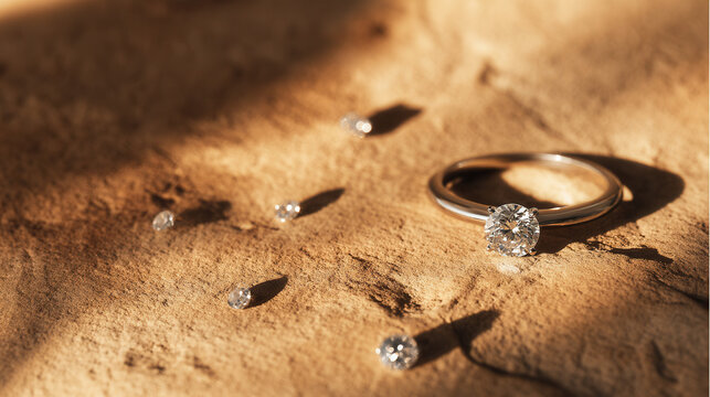 Diamond engagement ring lying on sandy beach with scattered seashells, luxury jewelry and romantic proposal concept during vacation
