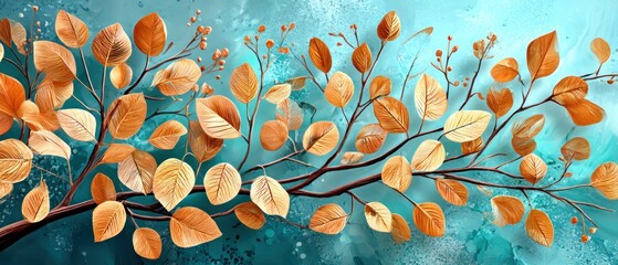 Autumn leaves on teal background