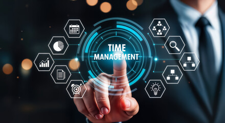 Businessman interacting with a futuristic digital interface displaying time management concepts and icons representing business planning, productivity, and efficiency