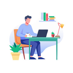 Illustration Of A Man Working On A Laptop At A Desk

